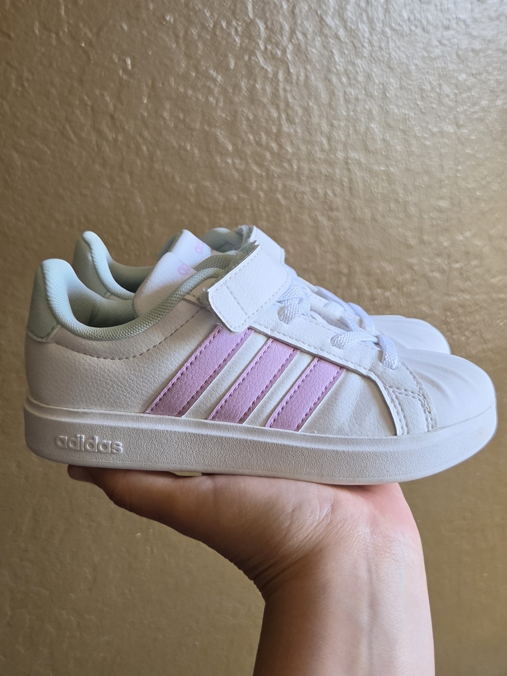 adidas Kids White Sneakers with Pink Stripes and Light Green Trim